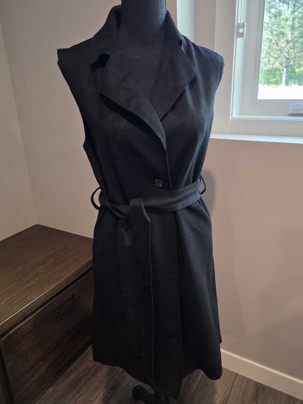 Black Suede Sleeveless Belted Trench